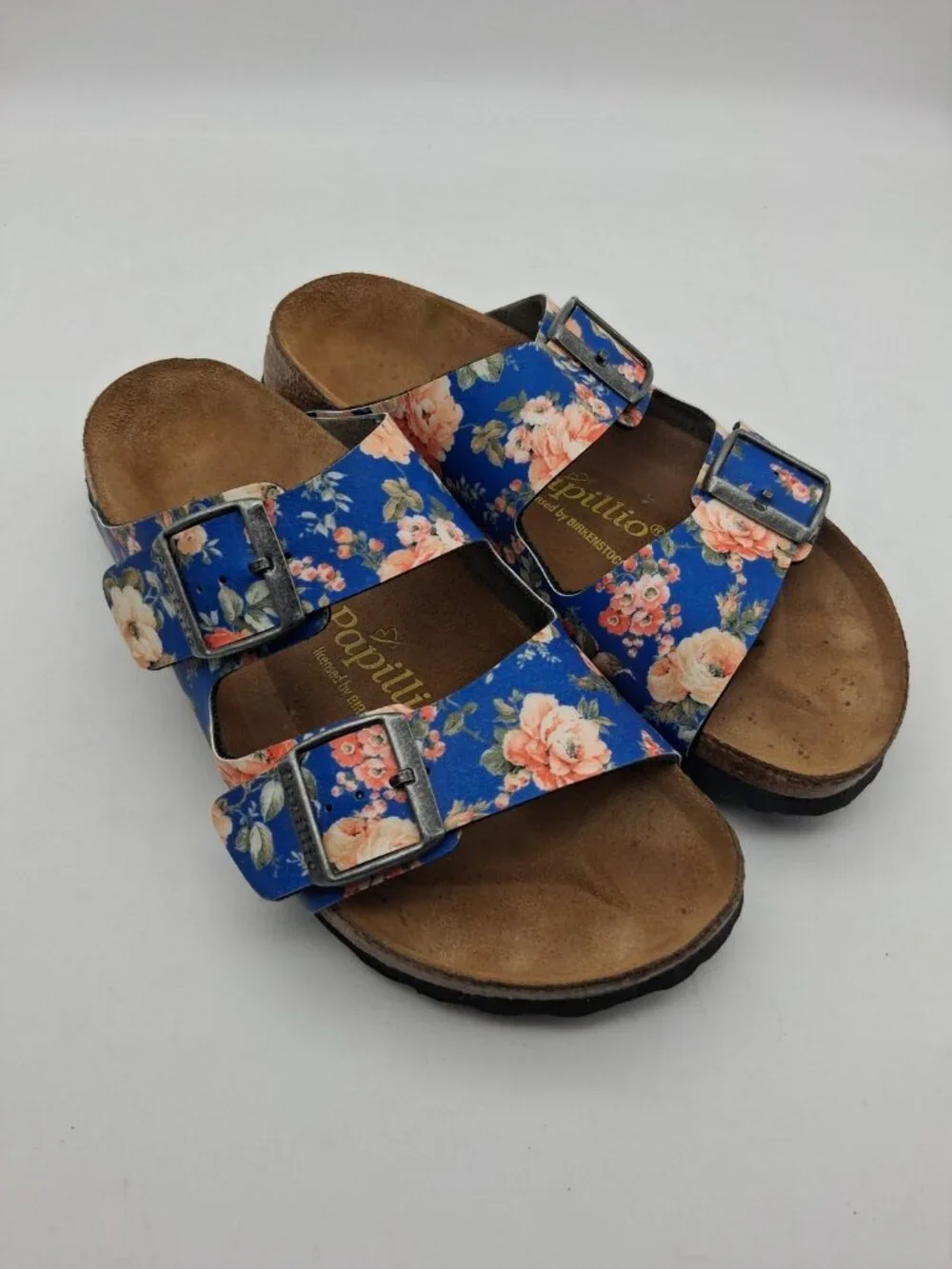 Birkenstock Papillio Arizona Blue Rose Floral Sandals EU 39 US L8 M6 Buckle Boho - Picture 9 of 11